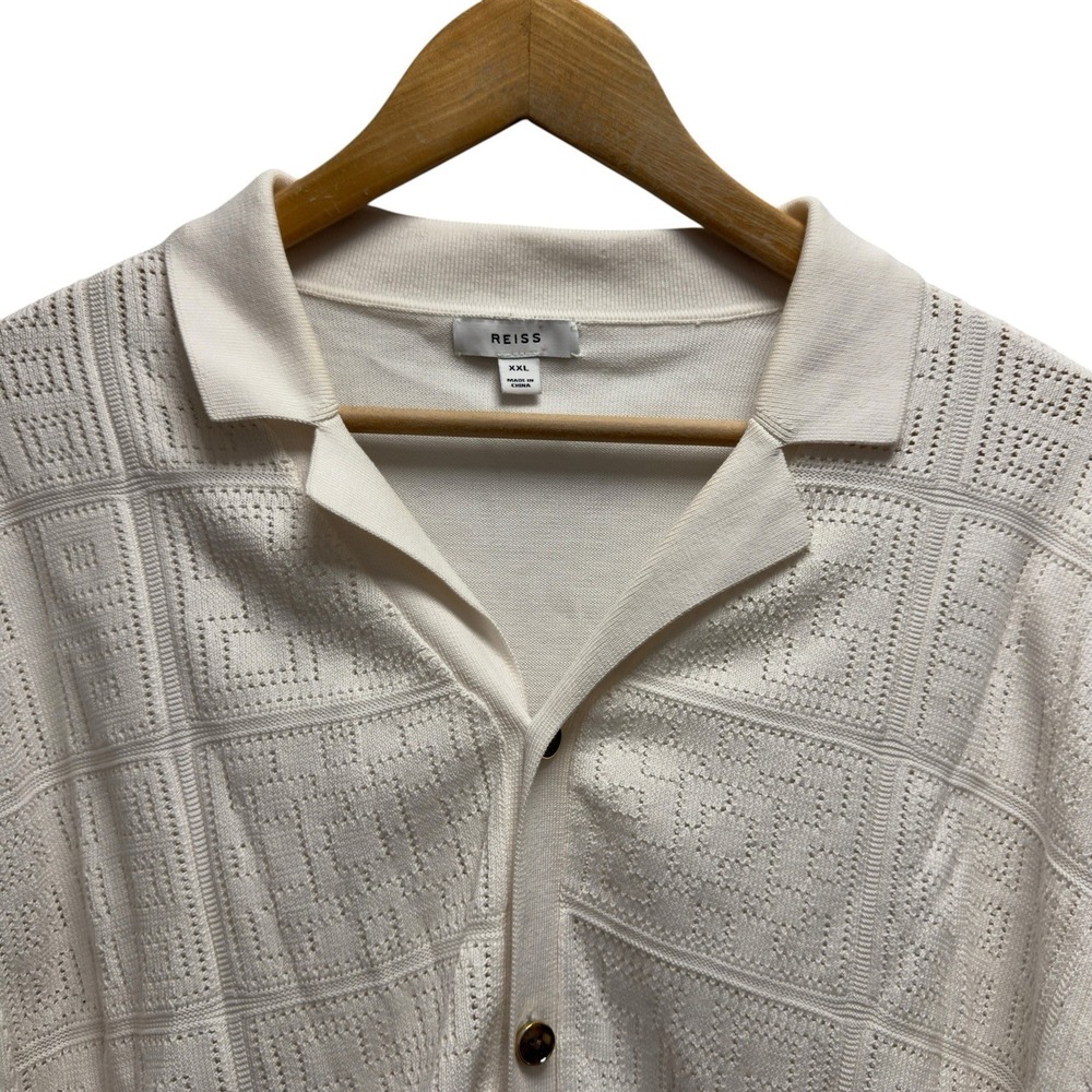 Reiss Mens Size XXL White Knit Button Front Short Sleeve Cotton "Amershem" Shirt